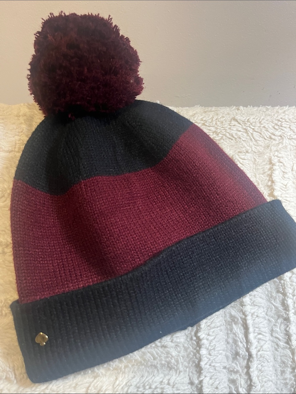 kate spade Pom-Pom Beanie Hat - Burgundy and Black